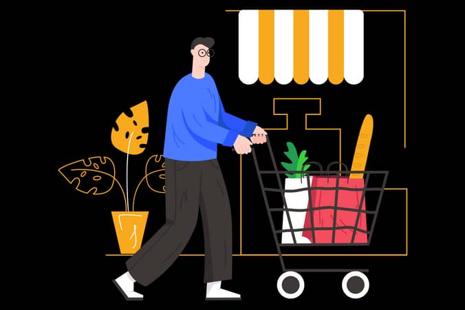 مردی در حال خرید با سبد فروشگاه